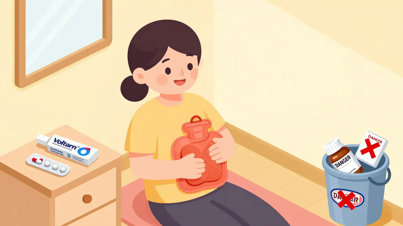 Patient safely managing pain with heat therapy and acetaminophen while NSAIDs are discarded.