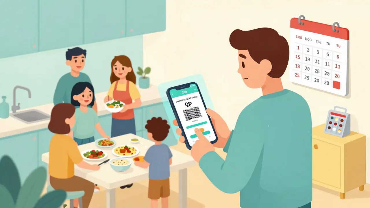 Patient scanning food barcode with app showing potassium levels in kitchen