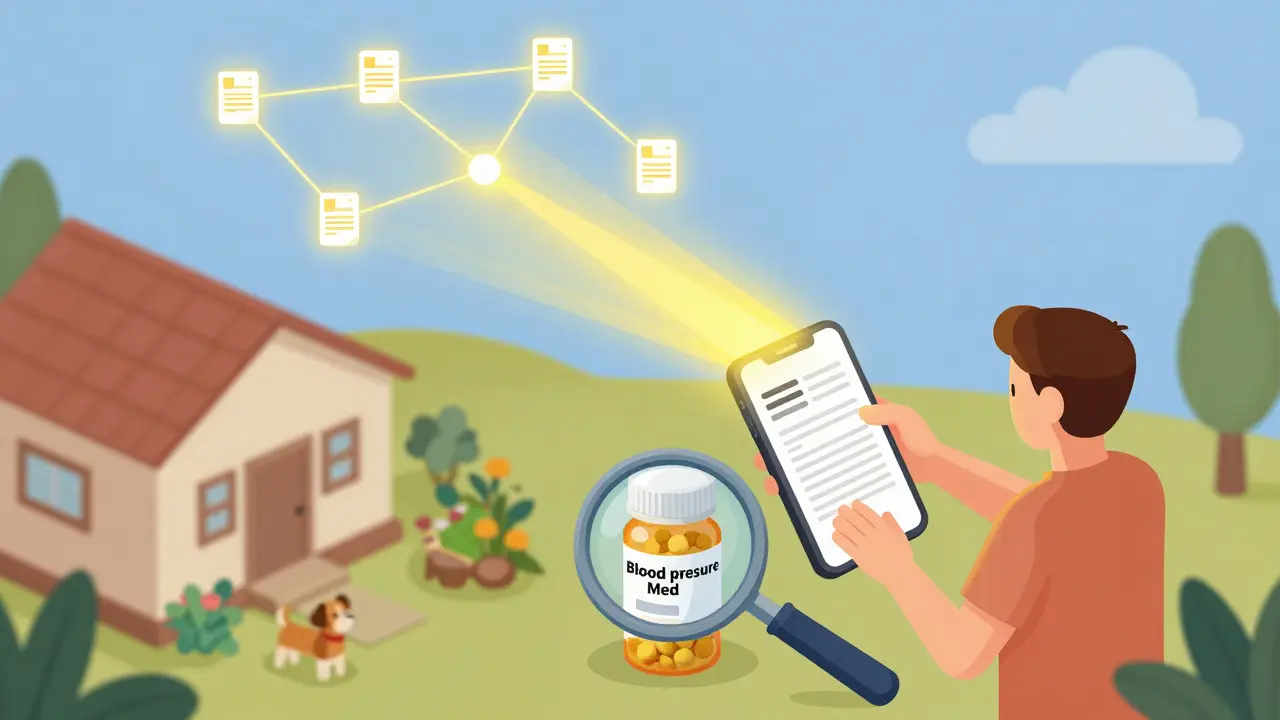 Patient submitting report on phone, signal connecting to nationwide network of reports