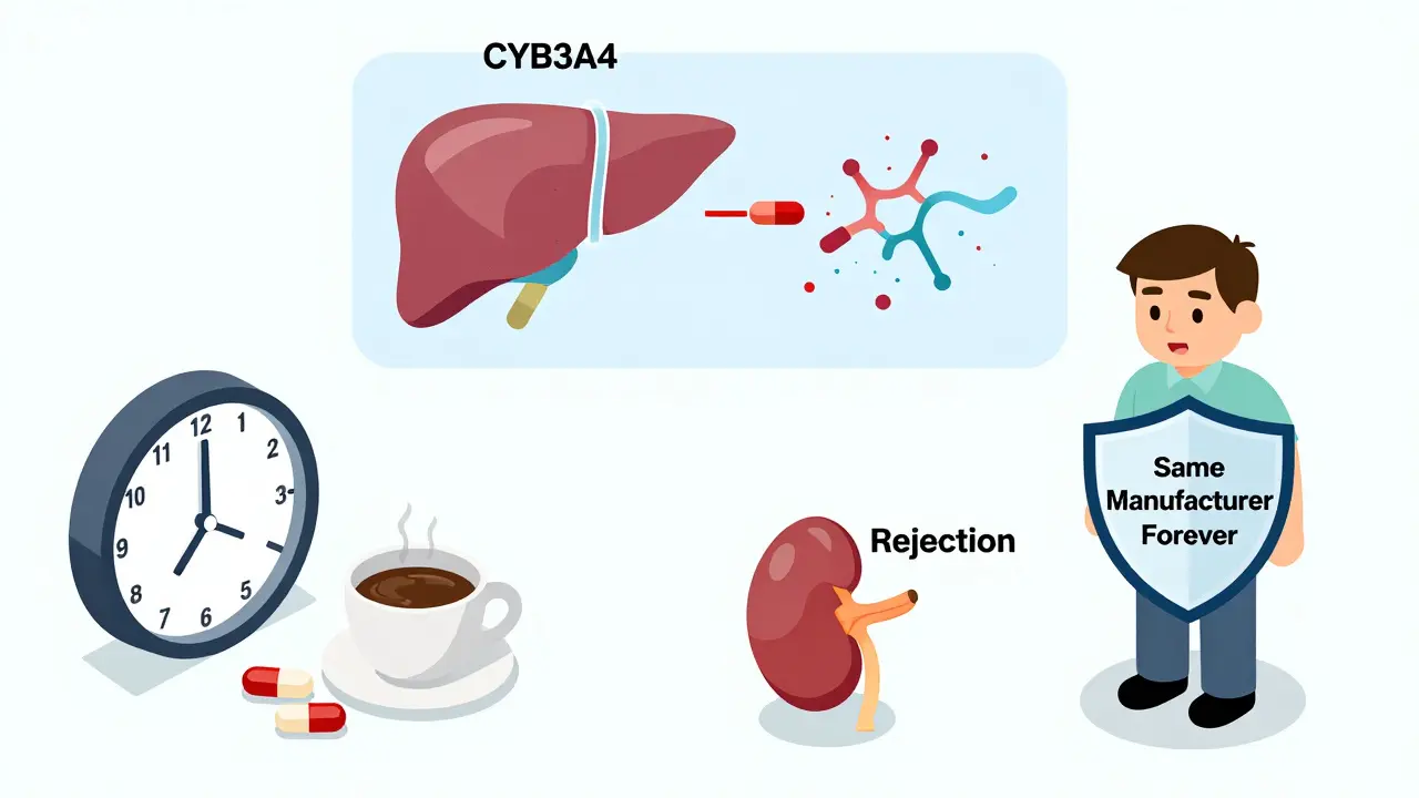 Patient taking pills at fixed times with liver metabolism shown, one pathway stable, another chaotic, as rejection looms near a kidney.