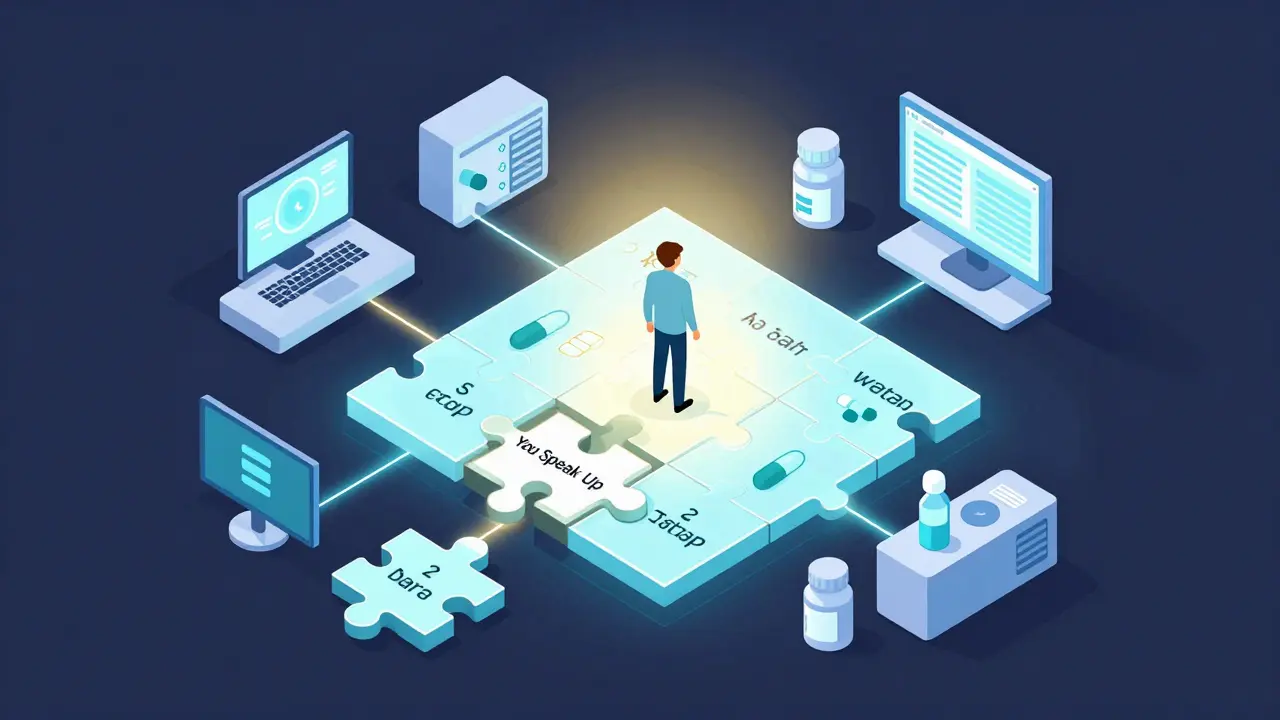 Person at the center of a health puzzle with missing piece labeled 'You Speak Up' and digital tools around them.