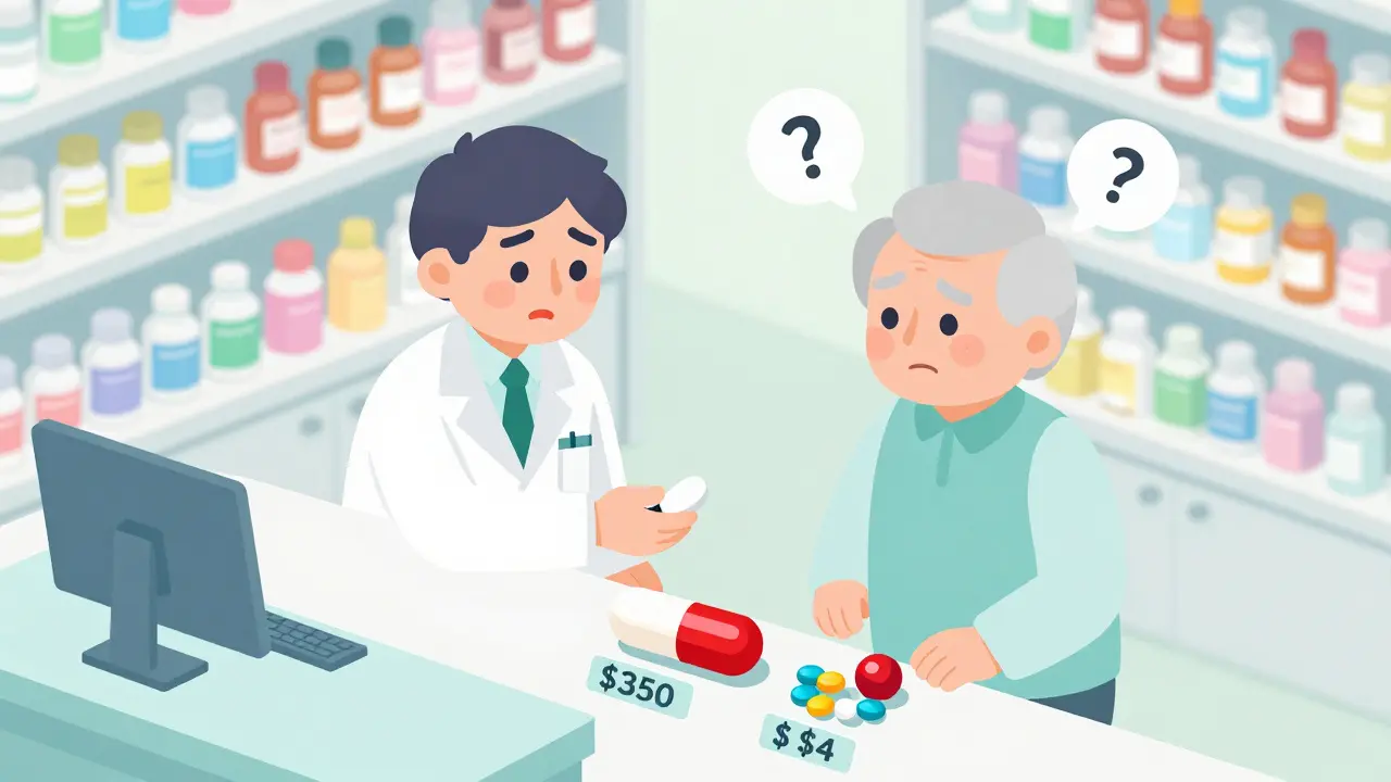 Pharmacist handing a white generic pill to a hesitant patient, with expensive branded pill beside it on a price tag.