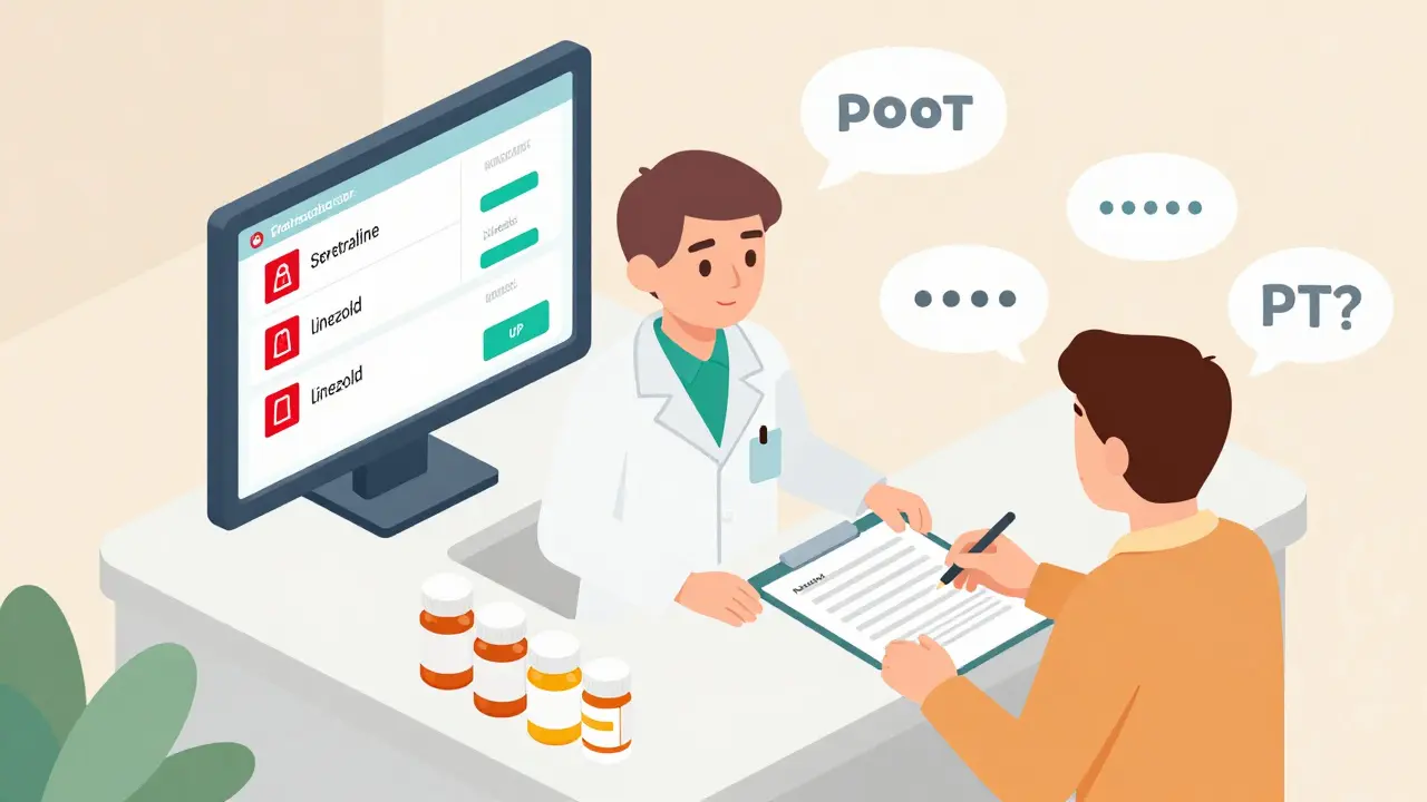 Pharmacist reviewing medication bottles and a digital interaction checker while a patient asks questions.