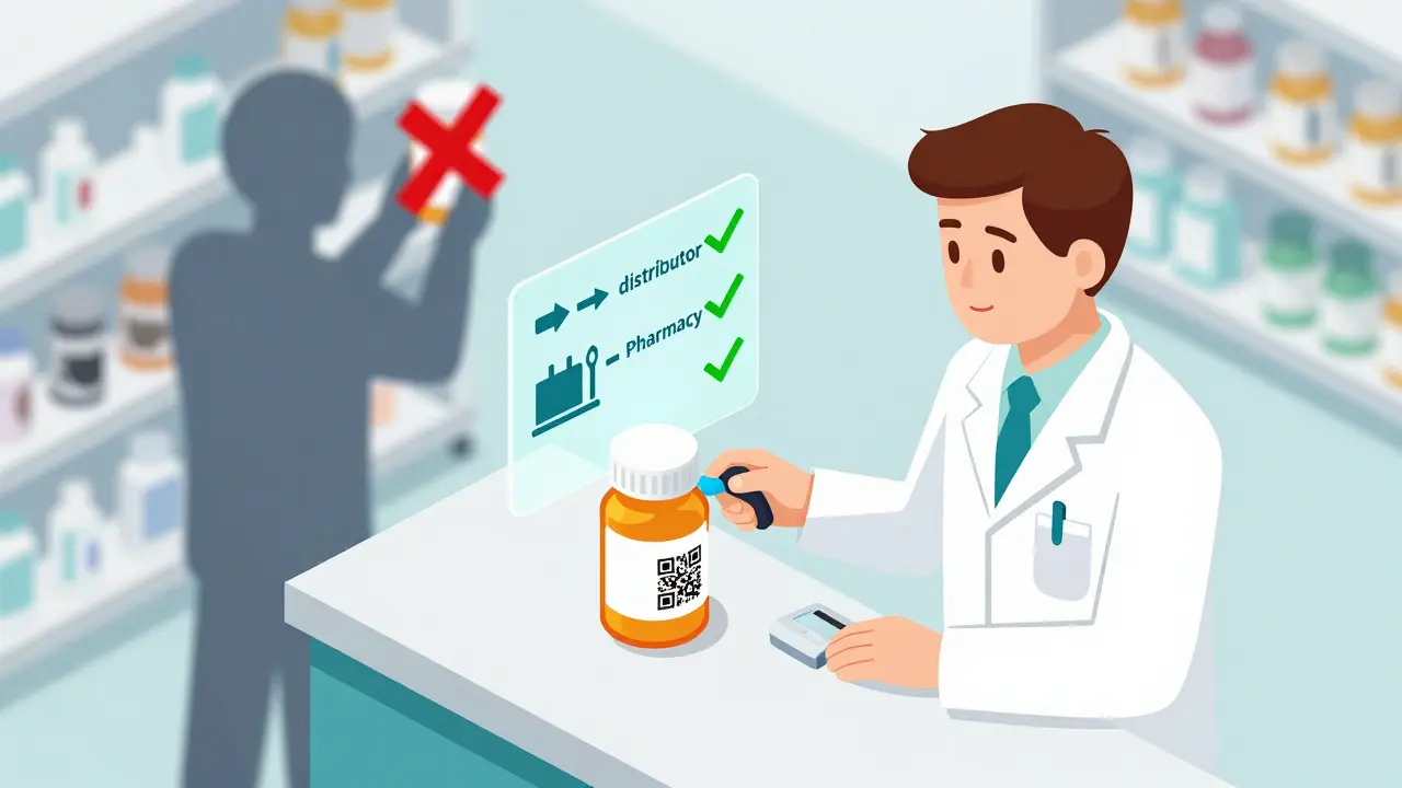 Pharmacist scanning a medicine bottle at a counter, with a holographic verification overlay showing authenticity.