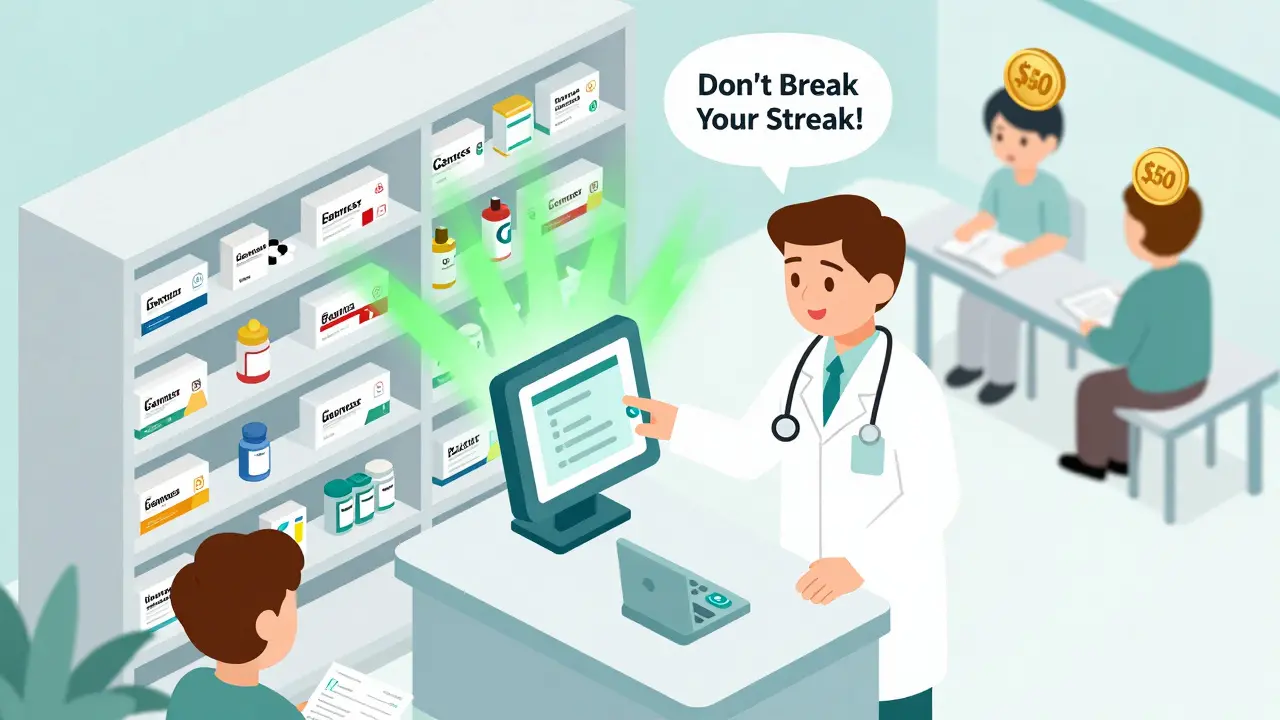 Pharmacist setting generics as default in an electronic system, with green nudges spreading through the pharmacy