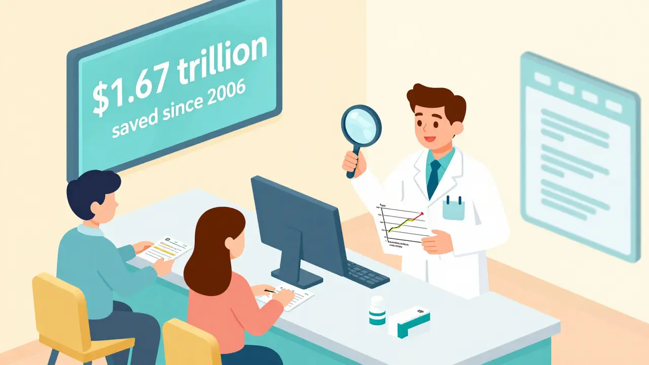 Pharmacist showing bioequivalence data to patients in a bright, stylized pharmacy setting.
