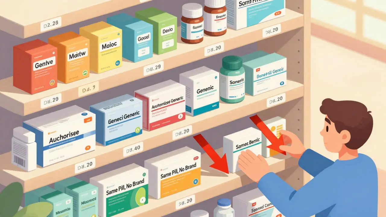 Pharmacy shelf with branded, generic, and authorized generic drugs showing price differences.