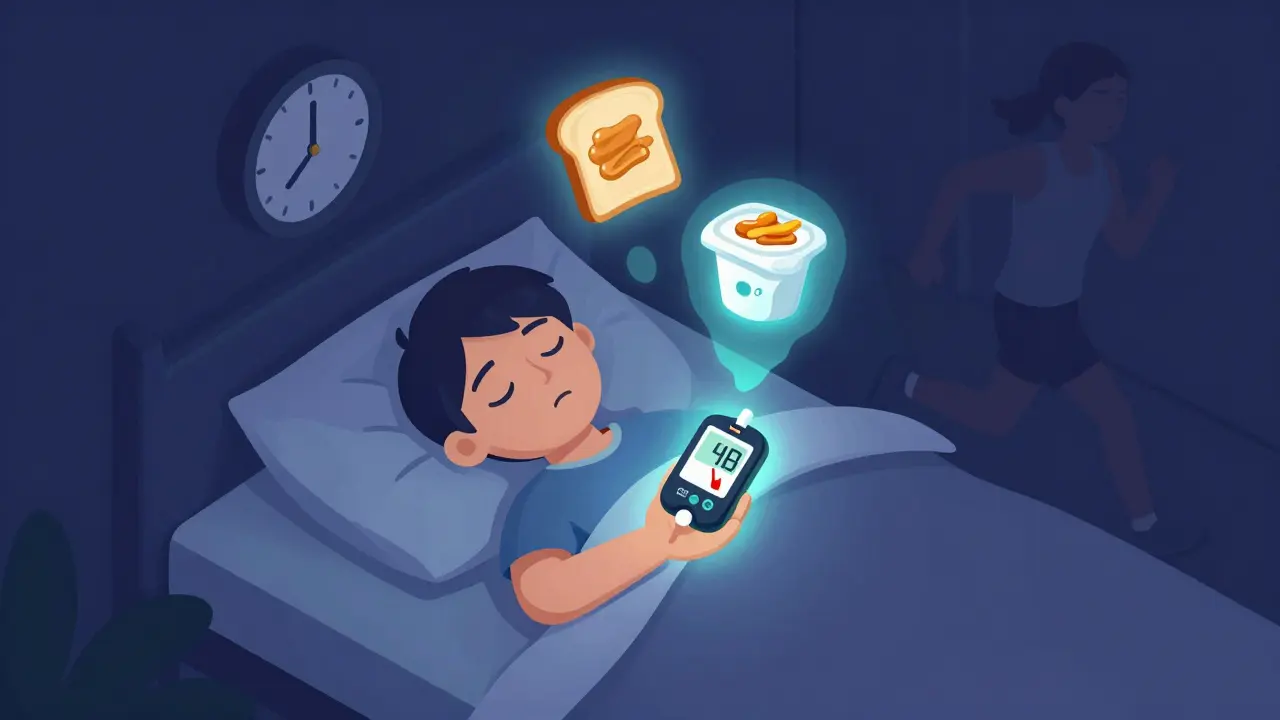 Sleeping person with glowing CGM showing nighttime blood sugar drop, floating snack beside bed.