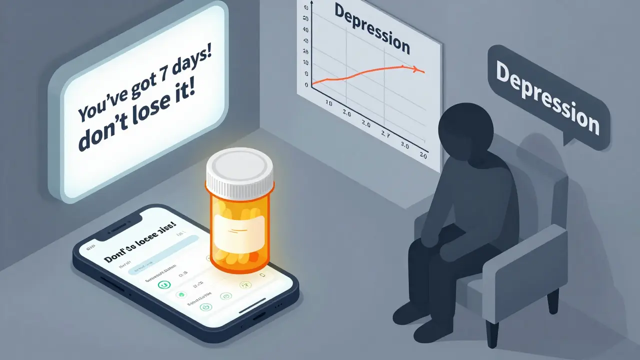 Smart pill bottle and text reminders in a home, with depression shadowing the patient ignoring adherence cues
