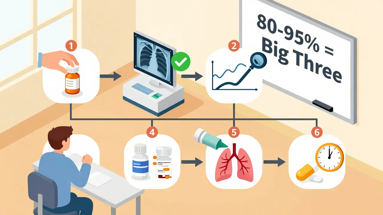 Step-by-step isometric flowchart for diagnosing chronic cough with medications and tests in clinical setting.