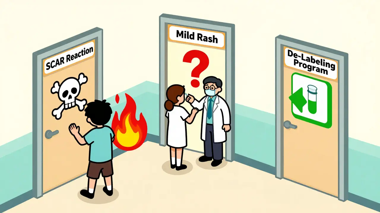 Three hospital doors representing different drug reaction outcomes in stylized isometric cartoon style.