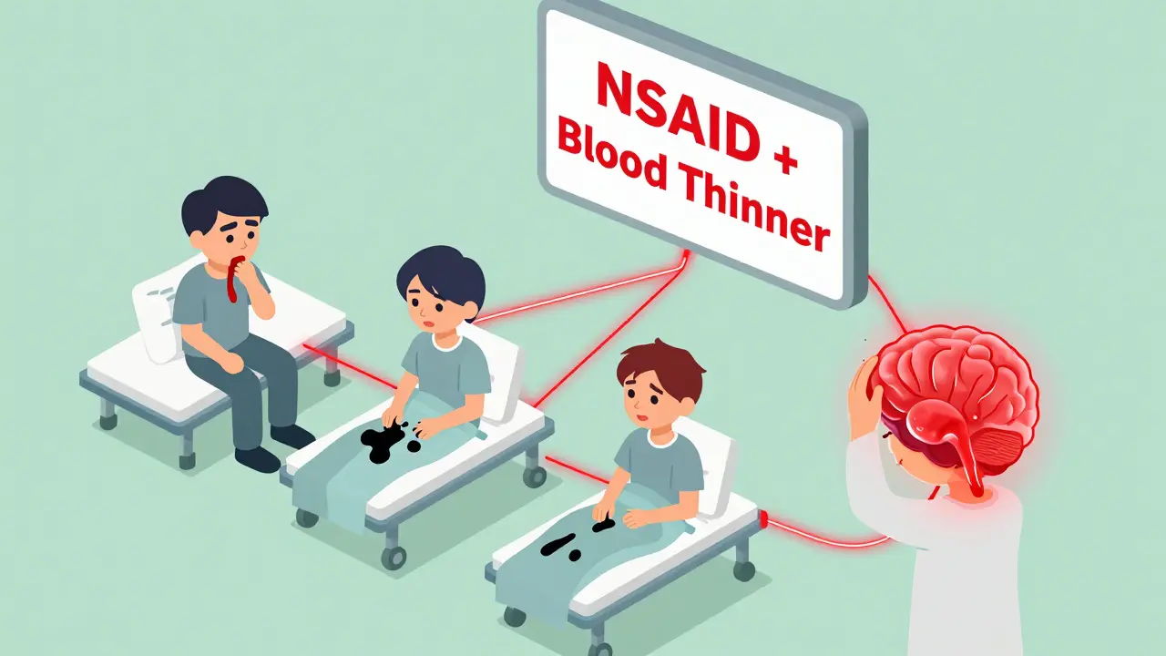 Three patients in an ER with bleeding symptoms linked to NSAID and blood thinner interaction.