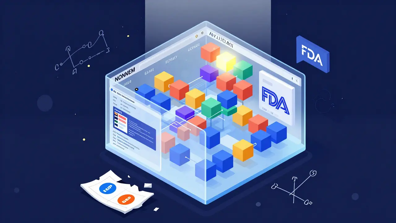 Transparent NONMEM software model built from patient data blocks, with traditional bioequivalence chart broken below.