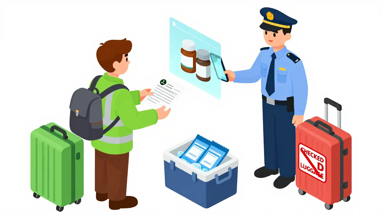 Traveler presenting medication documents to customs officer with holographic photo and ice packs visible