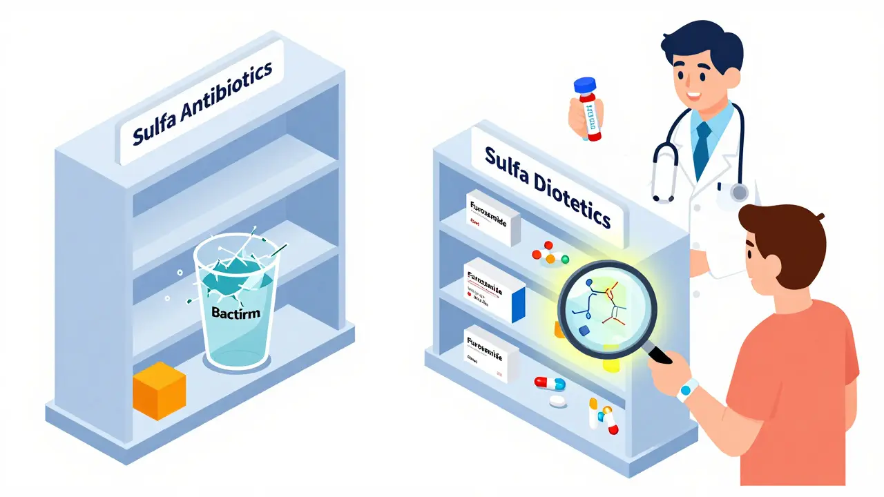Two drug shelves showing sulfa antibiotics vs. sulfa diuretics with safety indicators in isometric illustration.