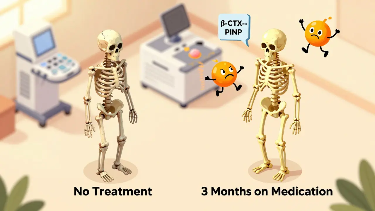 Two skeletons side by side, one weak and one strong, with cartoonish bone marker molecules showing treatment response.