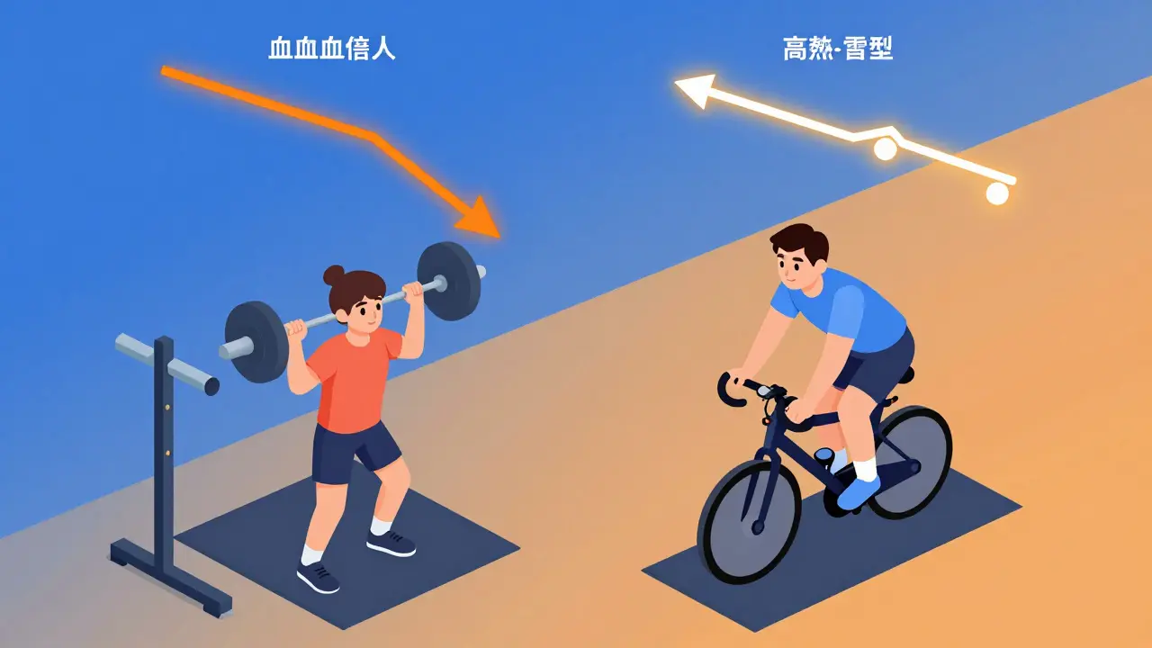 Weightlifting and cycling with contrasting blood sugar trends shown in floating graphs, isometric gym scene.