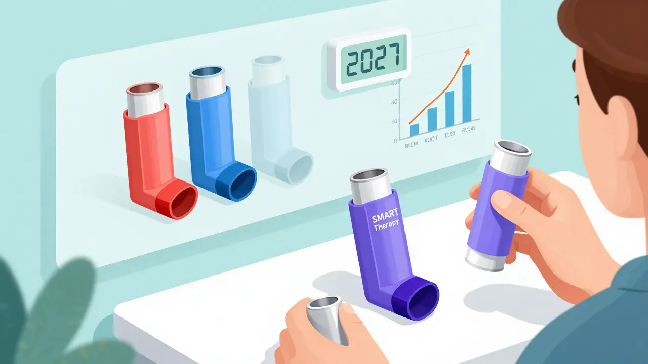 A single purple SMART therapy inhaler on a counter, replacing older dual inhalers with a 2027 timeline.
