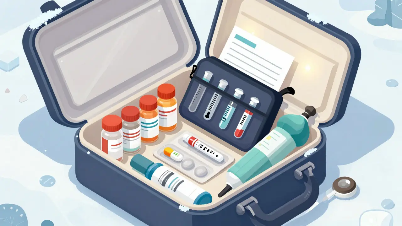 An organized medical kit with labeled pills, insulin vials, and oxygen canister is stored in insulated cases on frozen ground, with a doctor's note visible.