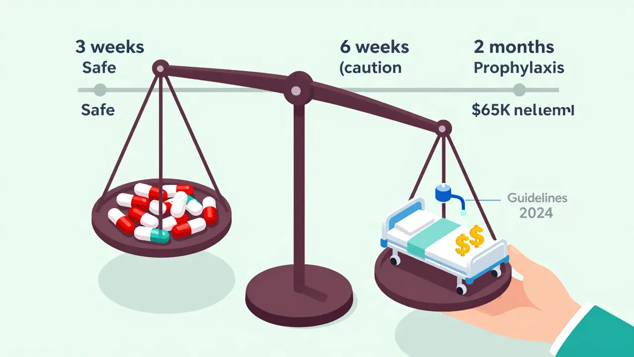Balance scale comparing low-cost prevention pills to expensive PCP treatment, with a timeline showing steroid duration risk levels.