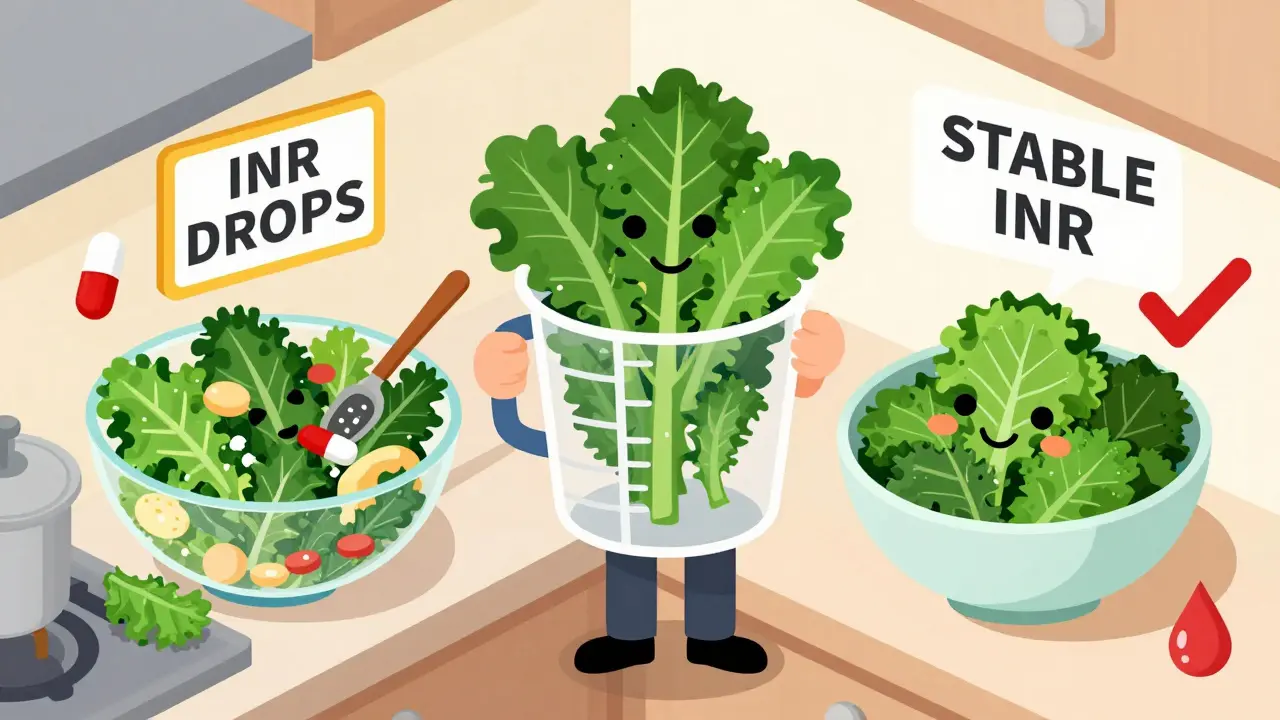 Cartoon scene comparing chaotic vs. controlled kale intake with warning signs and stable INR indicators.