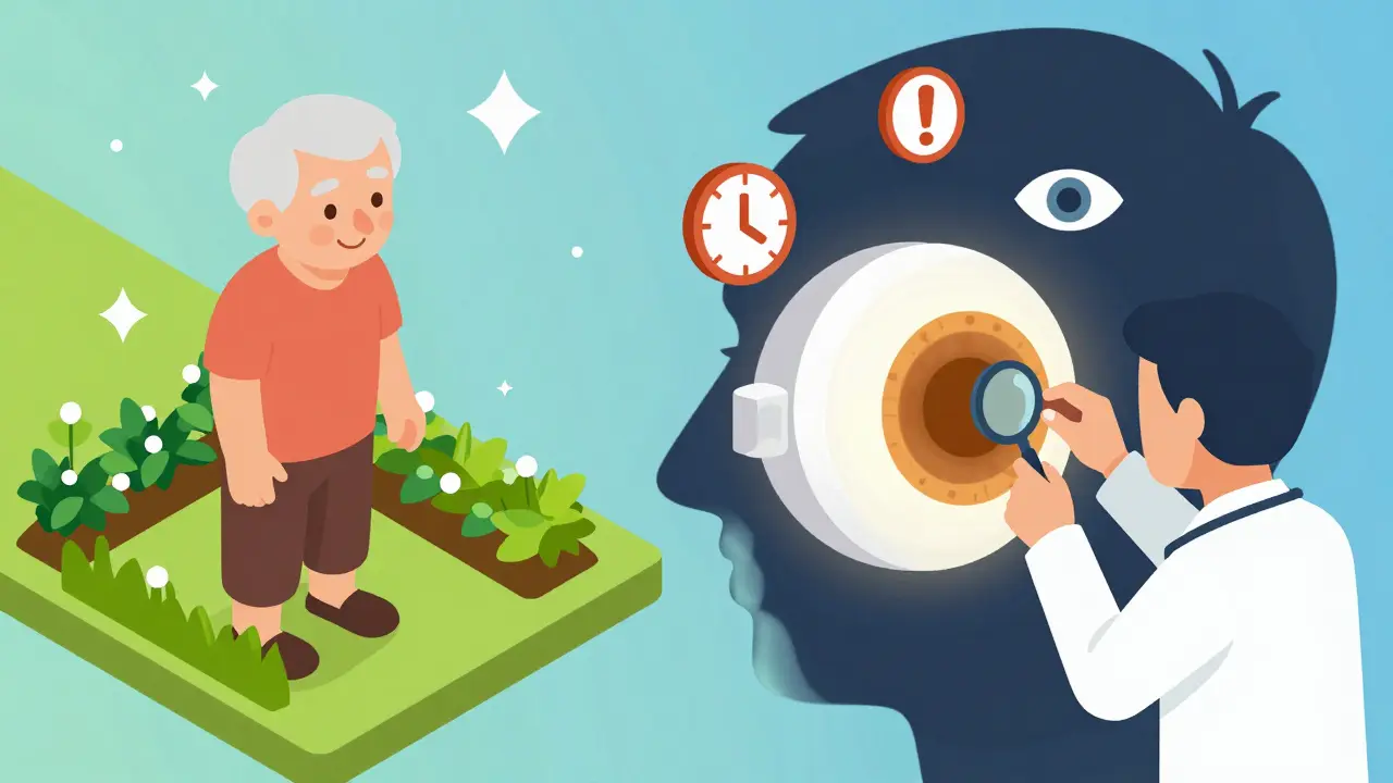 Contrasting calm and urgent eye conditions with medical symbols in isometric illustration style.