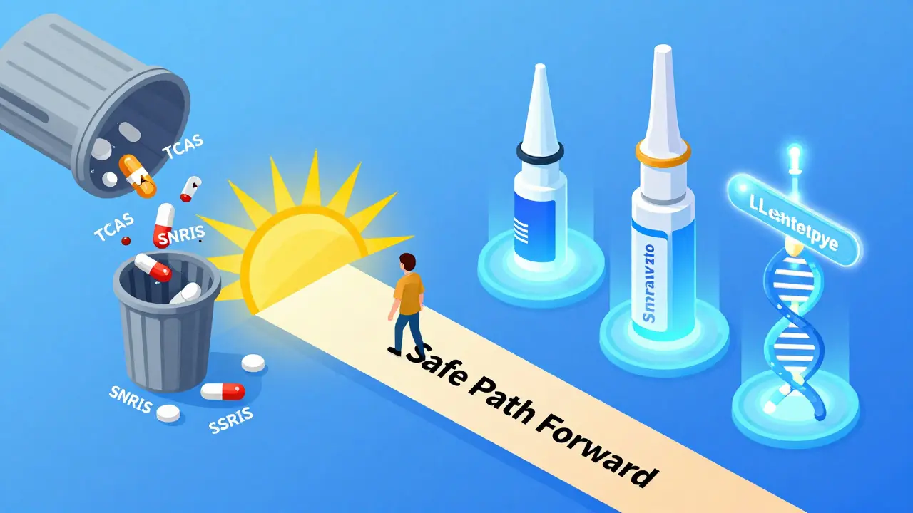 Old antidepressant pills discarded as new safer therapies rise, guiding a patient toward stable treatment.