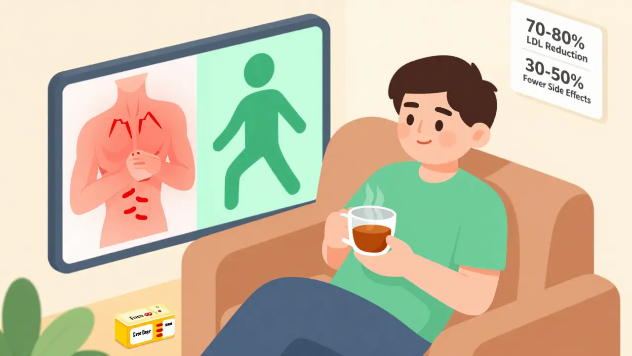 Person relaxed with pill organizer, showing pain vs. no-pain comparison.