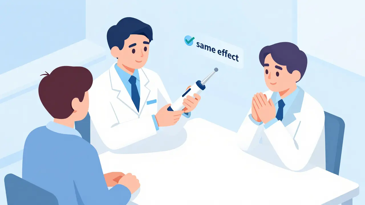 Pharmacist demonstrating auto-injector to patient with checkmark symbol.