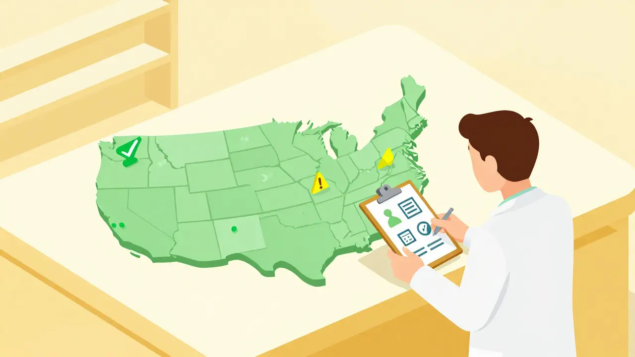 Pharmacist reviewing US state map with green and yellow symbols for substitution rules.