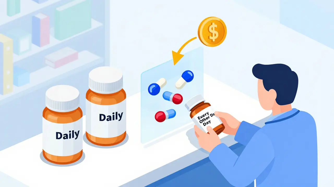 Pharmacy scene comparing daily and alternate-day statin dosing with cost savings visual.