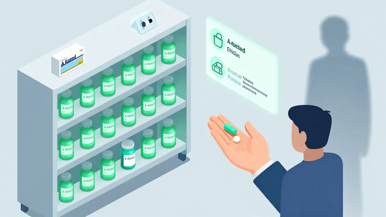 Pharmacy shelf with glowing A-rated generics dominating over a dim brand-name drug, with outcome icons floating above.
