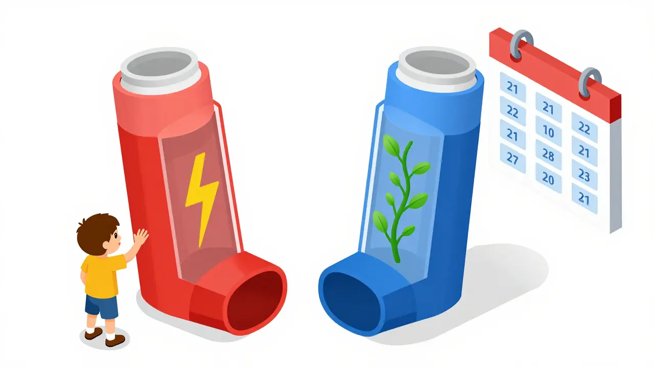 Side-by-side isometric views of red rescue and blue maintenance inhalers showing their different internal actions.