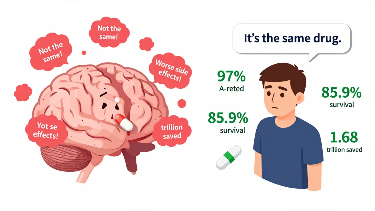 Split brain illustration: one side shows patient worried about generics, the other calm with data proving they're equally effective.