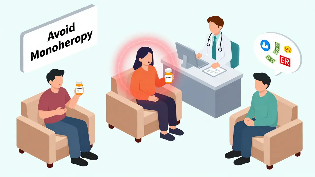 Three patients in a clinic, one at risk of mania from antidepressants while others safely use mood stabilizers.