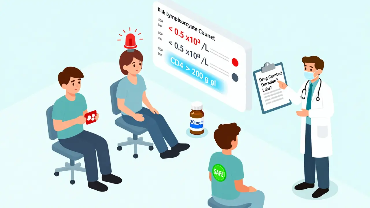 Three patients in an isometric clinic scene with risk indicators for PCP based on drug combinations and lab values.