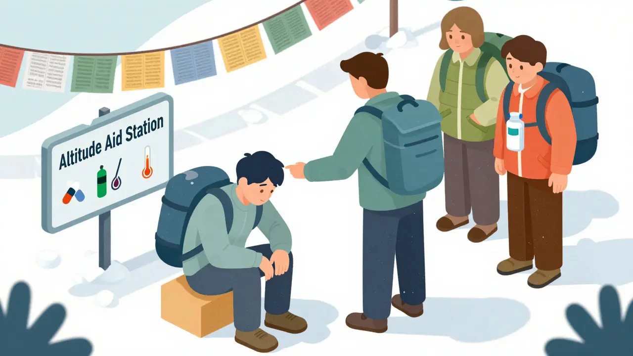 Trekkers at a high-altitude health camp assist a sick companion with emergency medication while checking insulin storage in cold conditions.