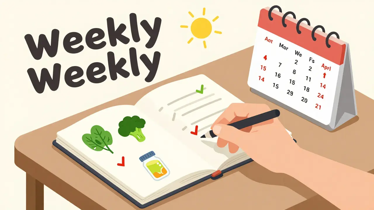 Weekly food diary with icons of vitamin K foods and checkmarks, showing seasonal INR changes on a calendar.