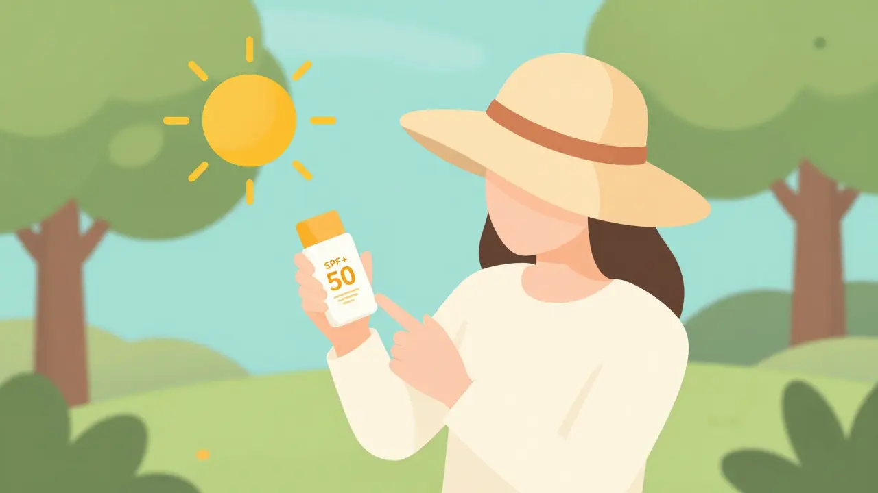 Woman wearing sun hat and sunscreen applying protection outdoors for lupus prevention