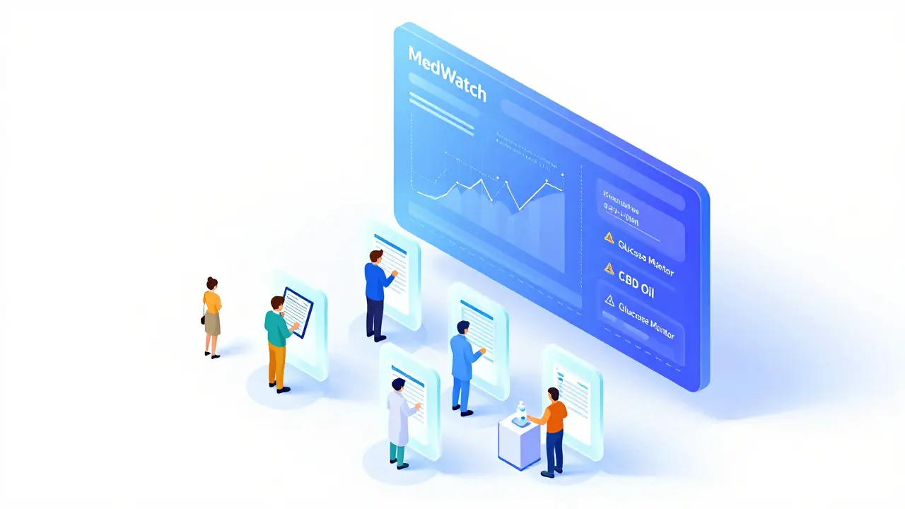 A floating MedWatch dashboard with people reporting drugs, devices, and cosmetics through glowing portals.