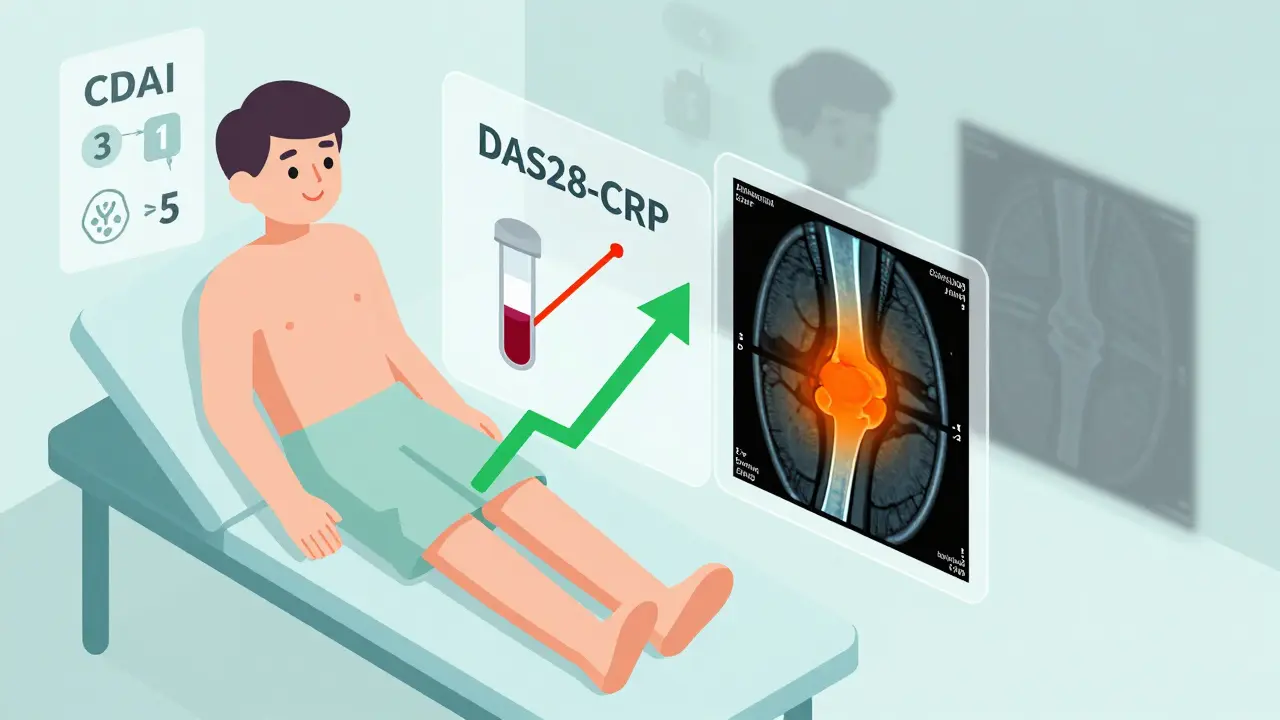 A patient's body with transparent overlays showing CDAI, DAS28-CRP, and MRI indicators of joint inflammation.