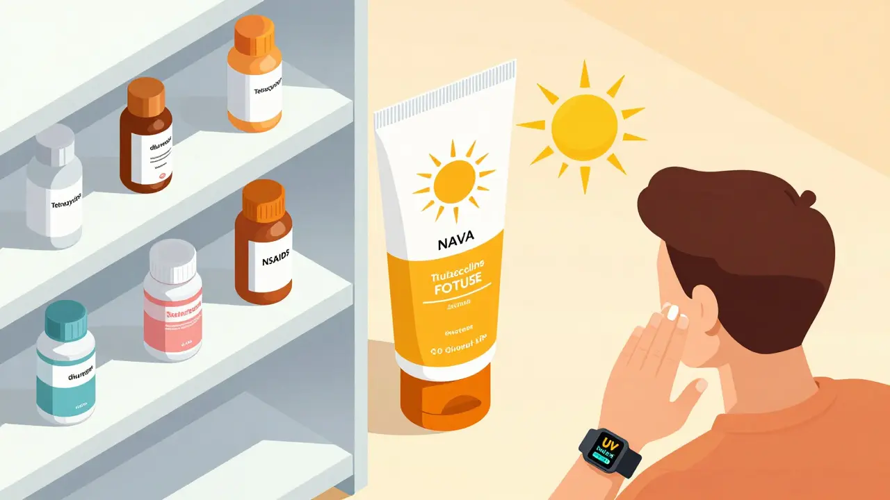 A pharmacy shelf with key medications and a zinc oxide sunscreen blocking UVA rays in isometric view.
