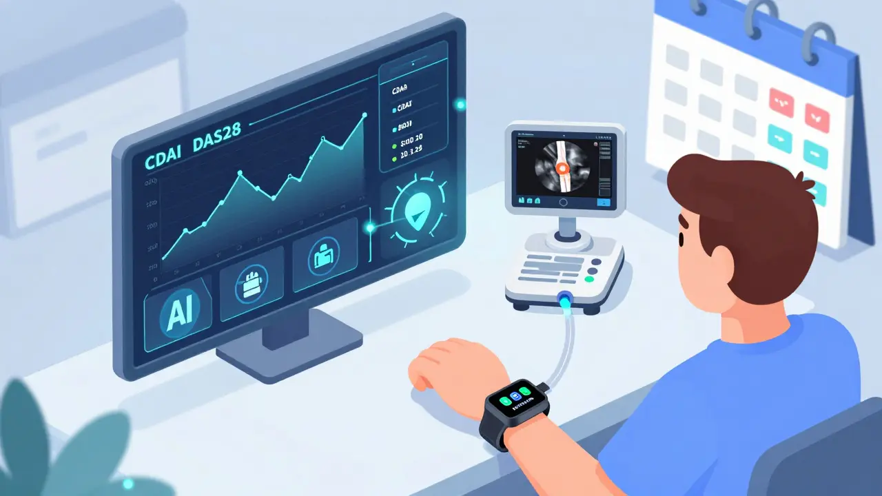 A smart wristband syncs RA monitoring data to a floating digital dashboard with CDAI, DAS28, and ultrasound trends.