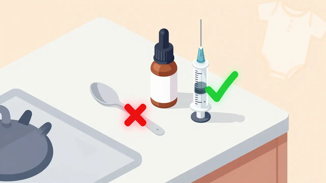 An oral syringe correctly measuring medicine beside a teaspoon and dropper marked with red X's.