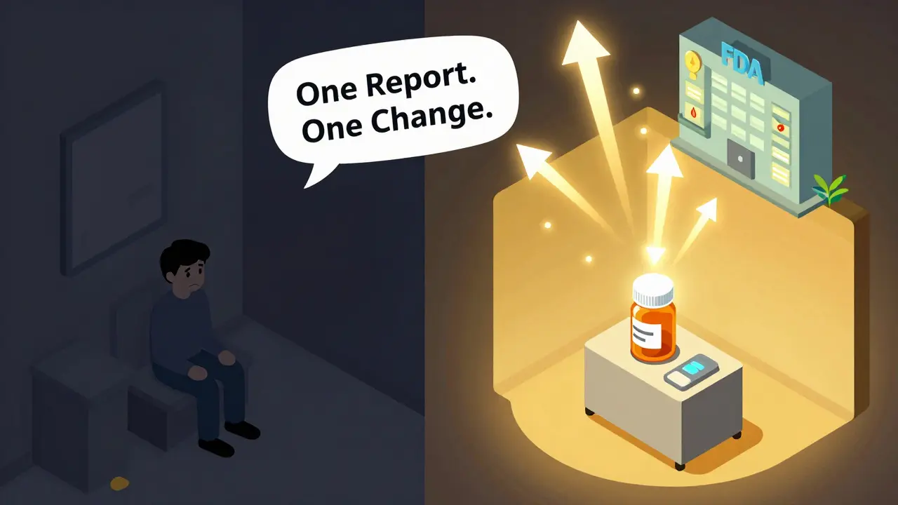 Before-and-after scene: one person reporting a side effect triggers a chain reaction of safety alerts.
