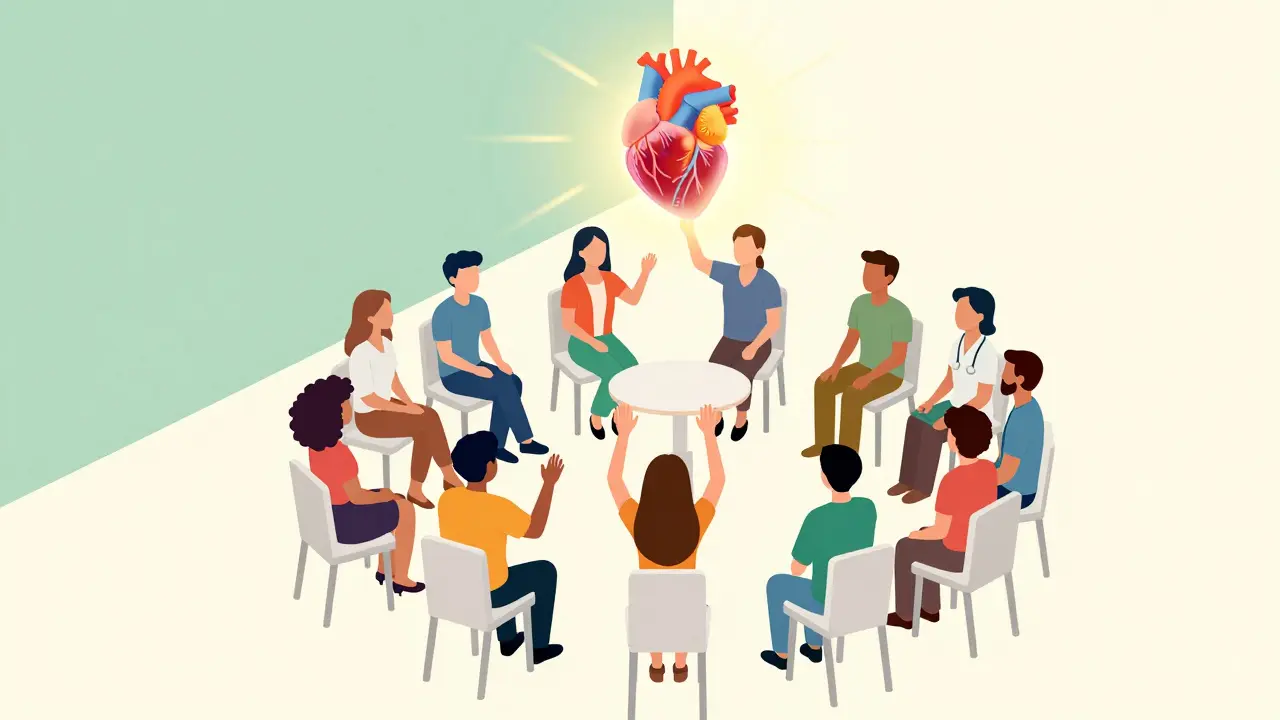 Community support group with glowing heart icon above