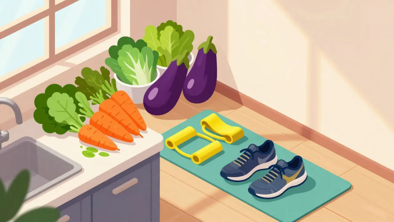 Healthy food and exercise gear on a kitchen floor