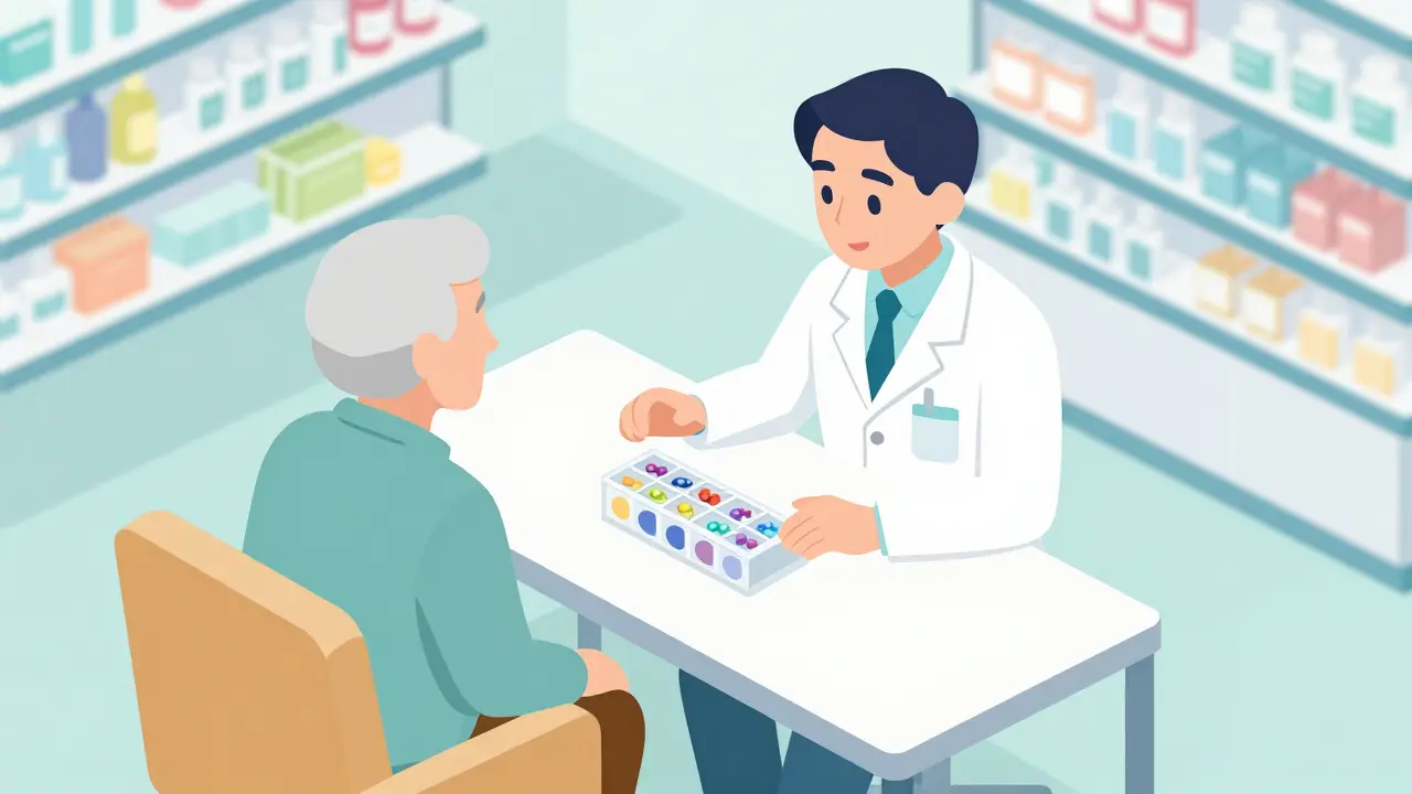 Pharmacist reviewing pill organizer with senior patient in consultation