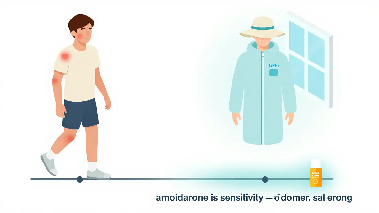 Side-by-side comparison of unprotected vs protected skin exposure to sunlight while on photosensitizing drugs.