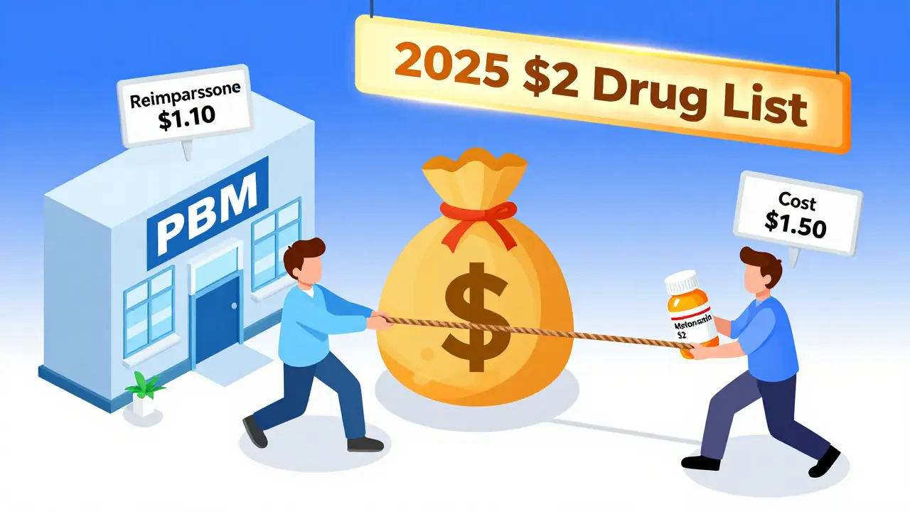 Small pharmacy struggling against a PBM corporation as a  drug banner descends in isometric illustration.
